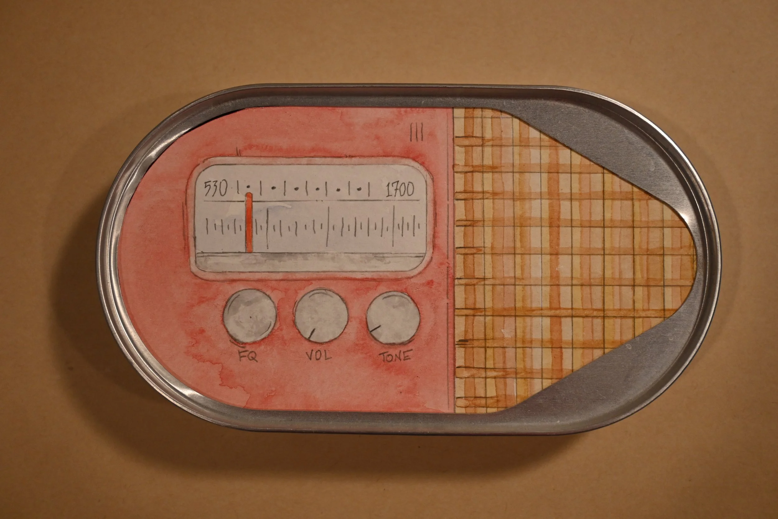 "Canned Radio" (metal can, paper, watercolour, graphite, ink"