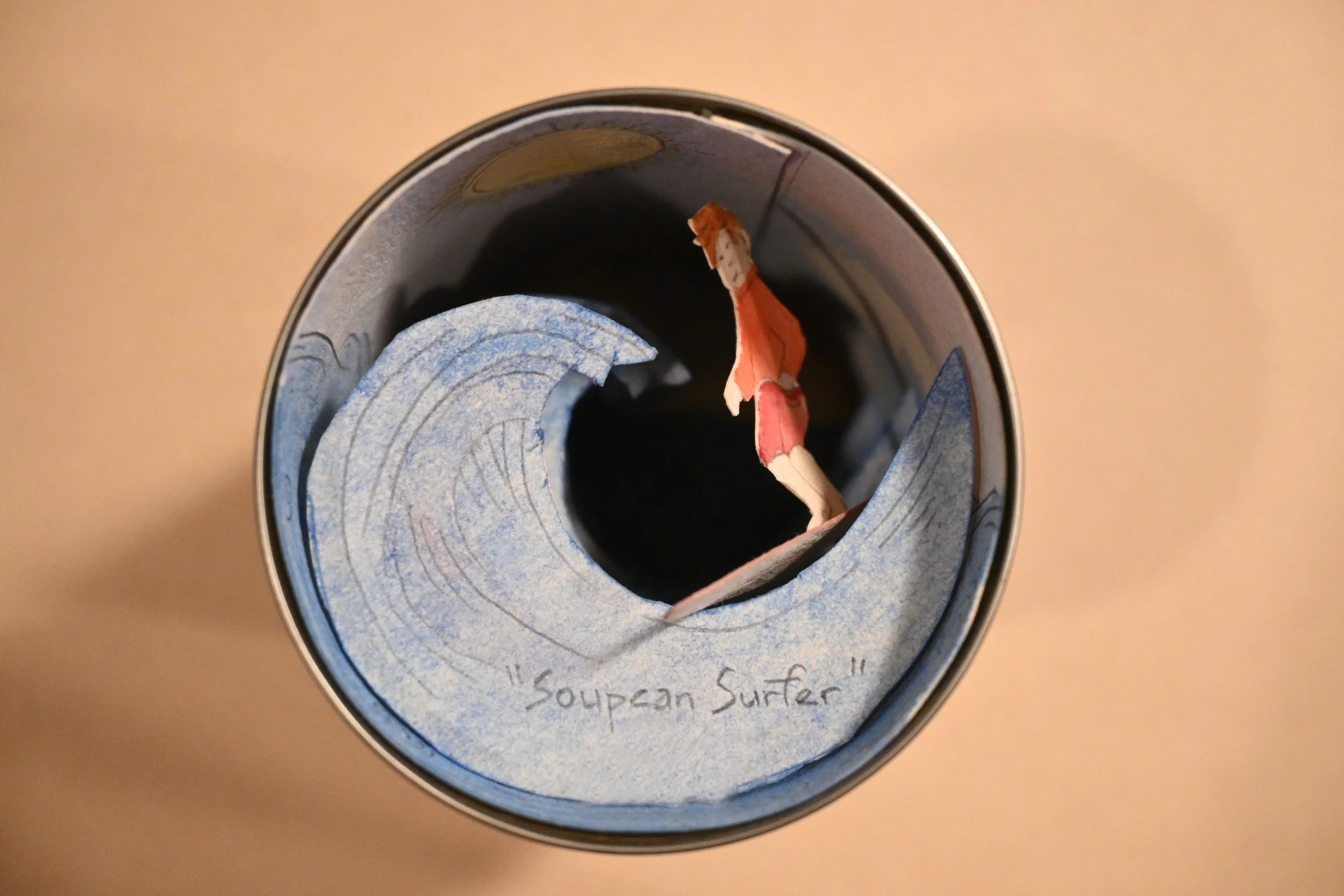 "Soupcan Surfer — Study No.1" (metal can, paper, watercolour, graphite)
