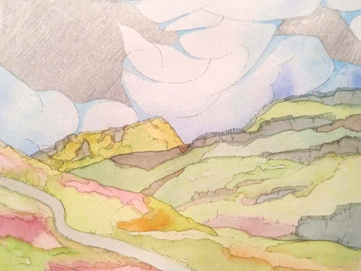 From The Road, At "The Three Sisters", Looking Left (watercolour on paper)
