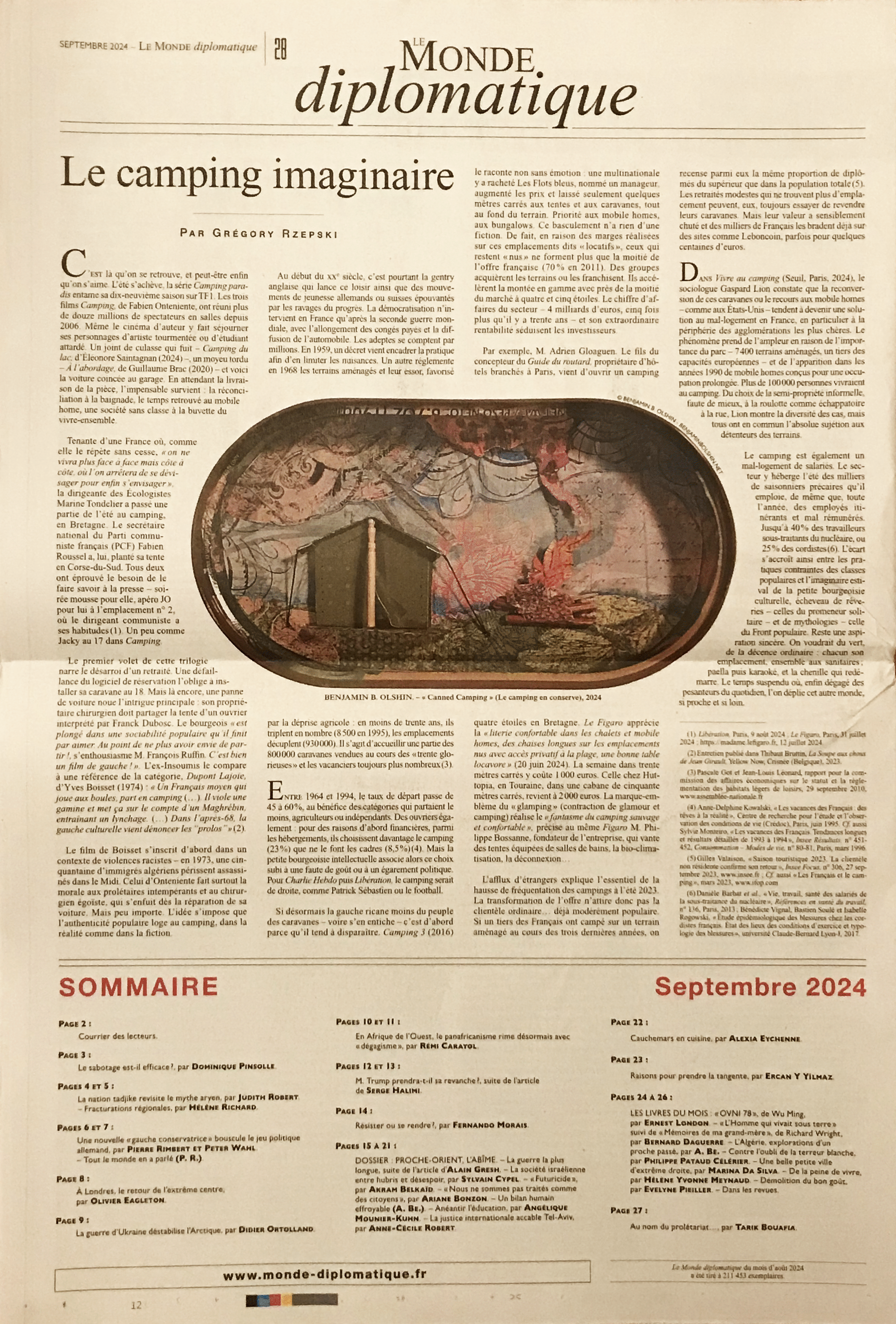 "Canned Camping" featured in "Le Monde Diplomatique", September 2024