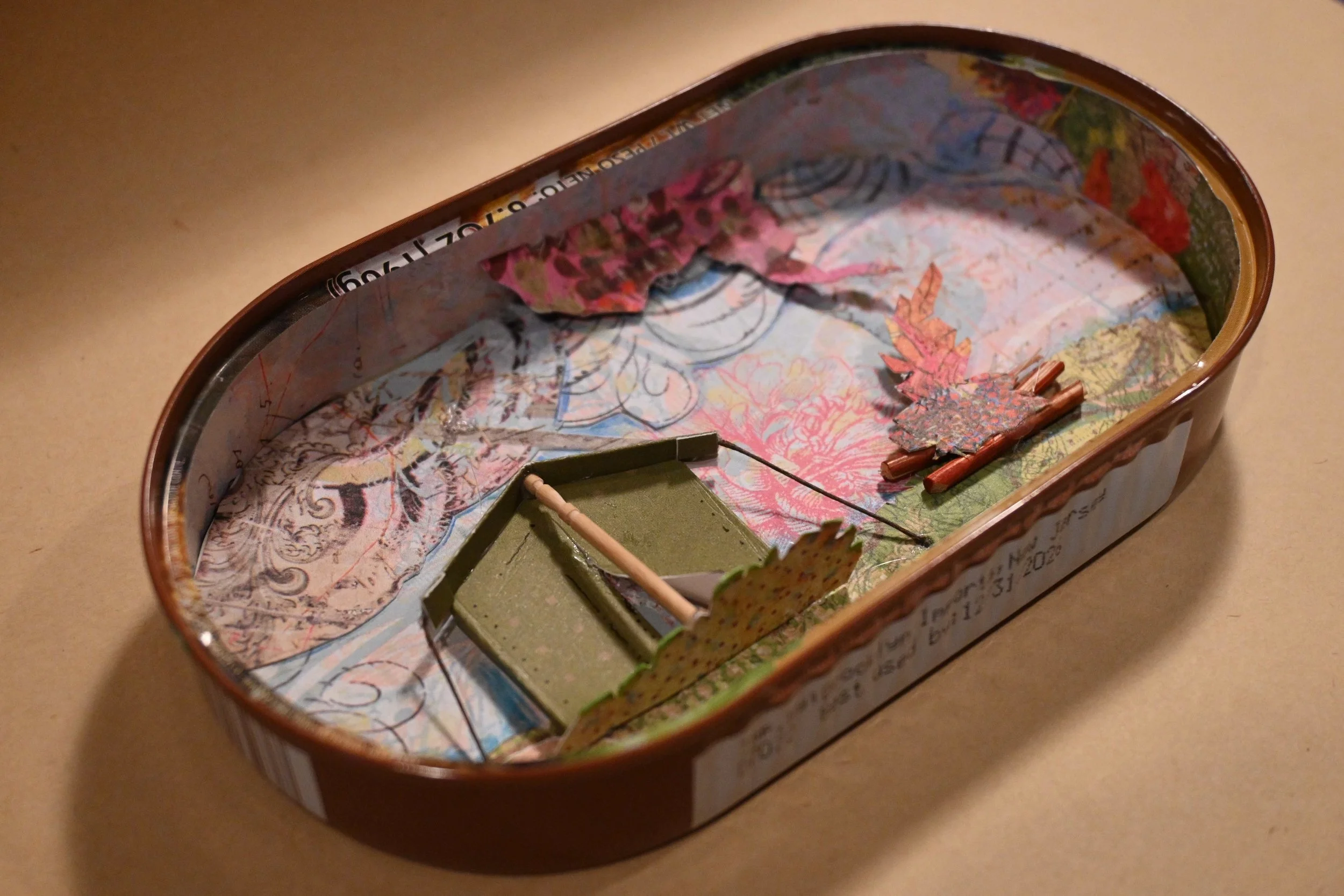 
"Canned Camping" (metal can, paper, wood)