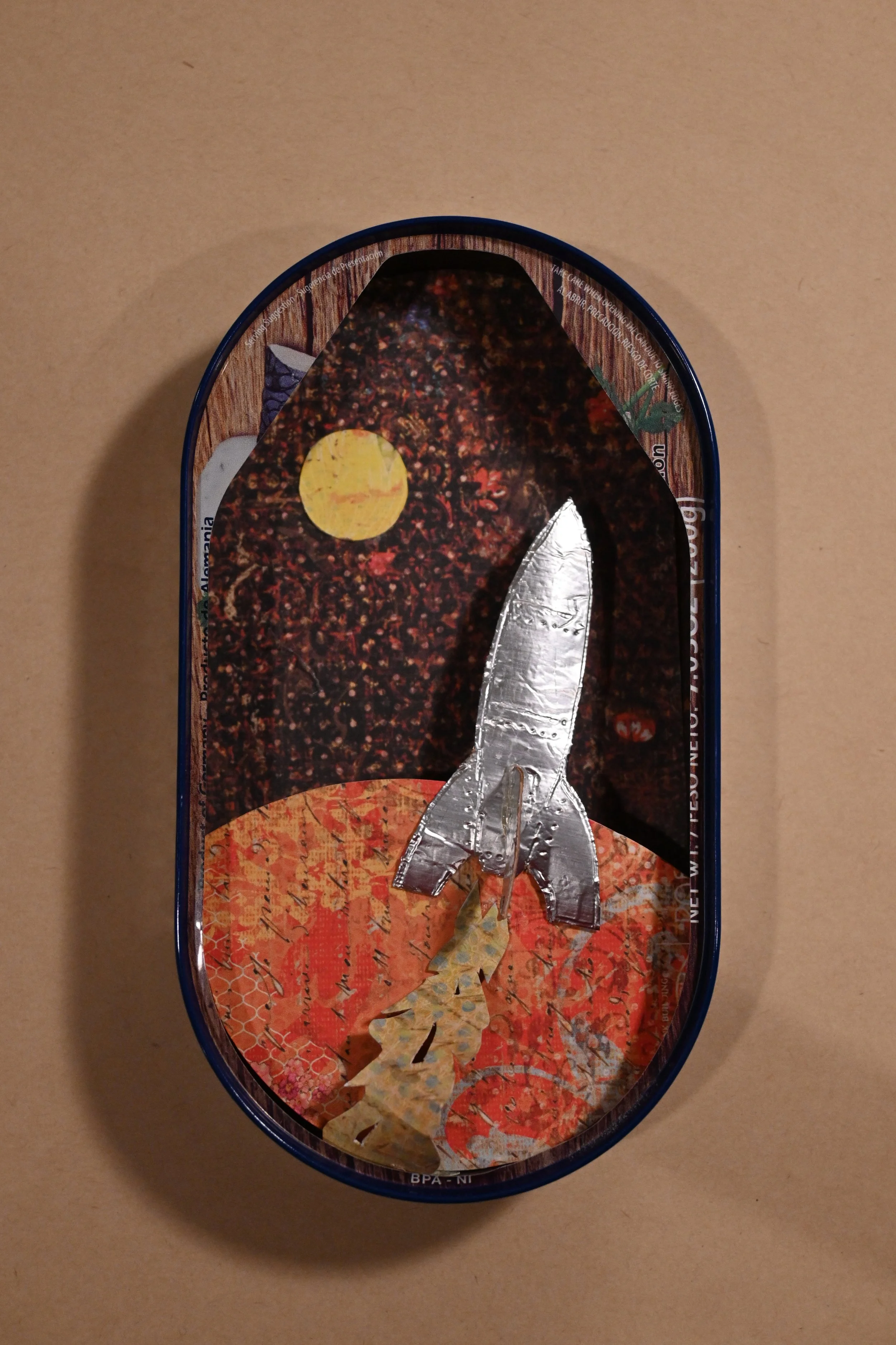 "Canned Rocketship" (metal can, paper, foil)