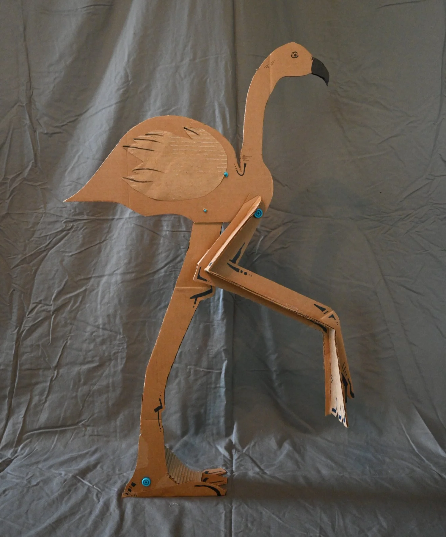 Animal Series Project: Flamingo (cardboard, "Makedo" fasteners, ink)