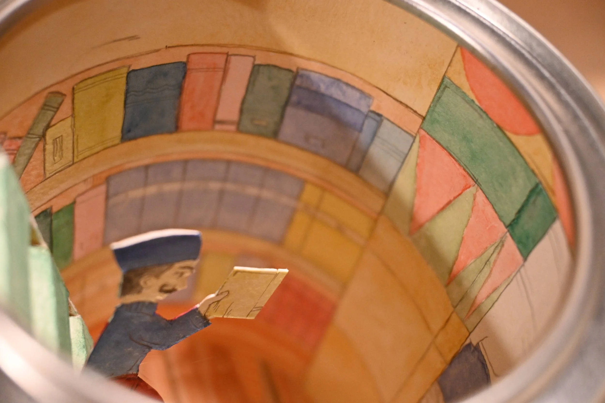 "Library In A Can" (metal can, paper, watercolour, graphite, ink)