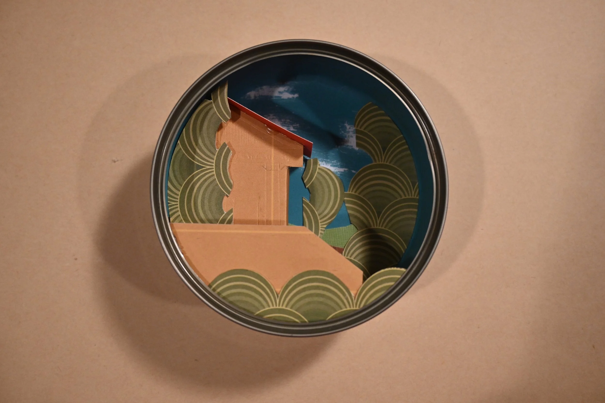 "Canned Greek Temple In A Can Of Dolmades" (metal can, paper)