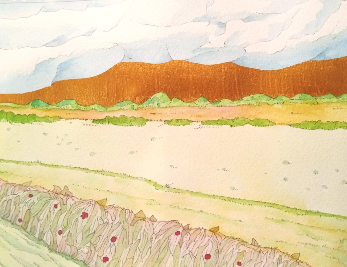 On The Train To Scotland, Field And Hedges (watercolour on paper)