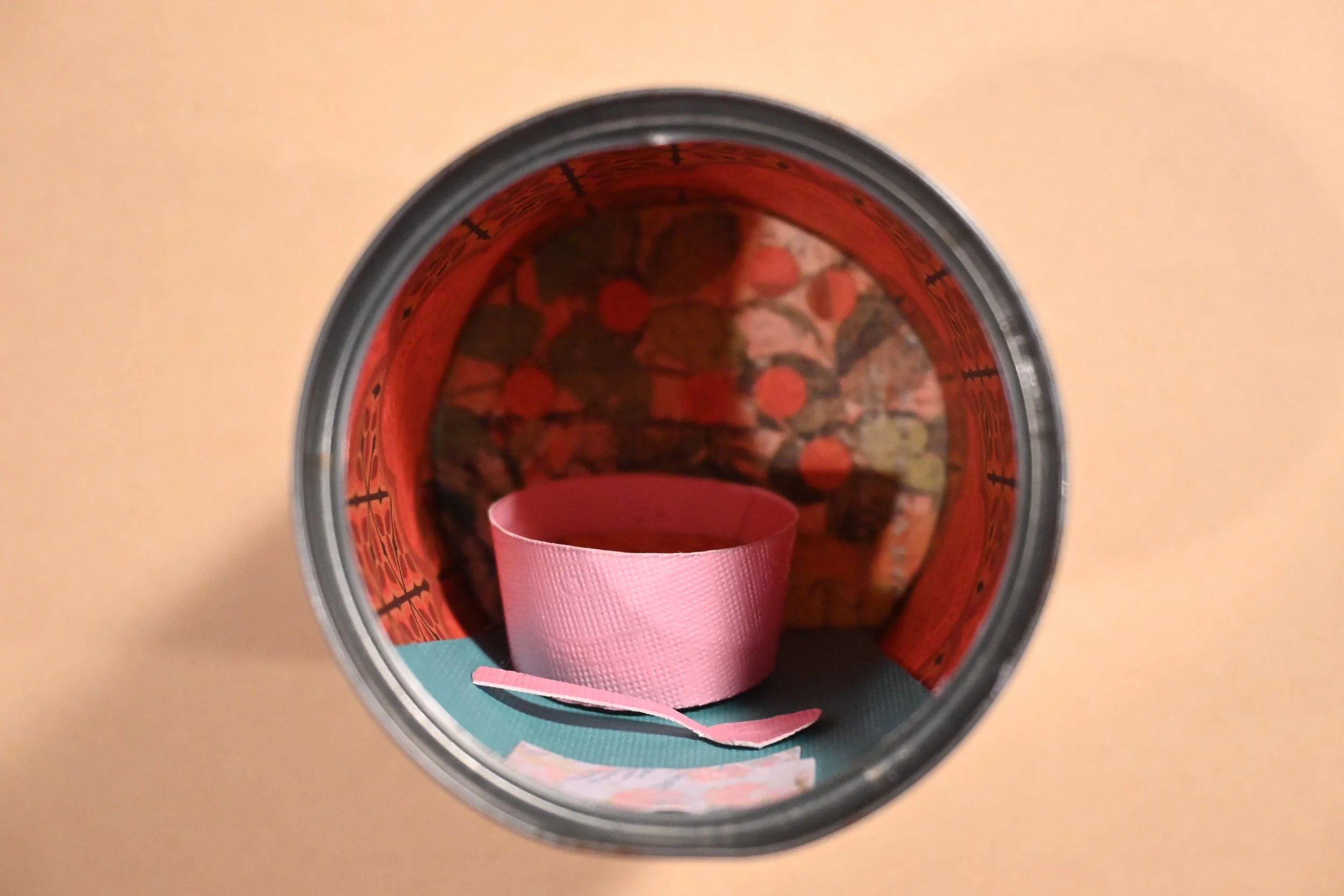 "Canned Campbell's Tomato Soup" (metal can, paper, wood)