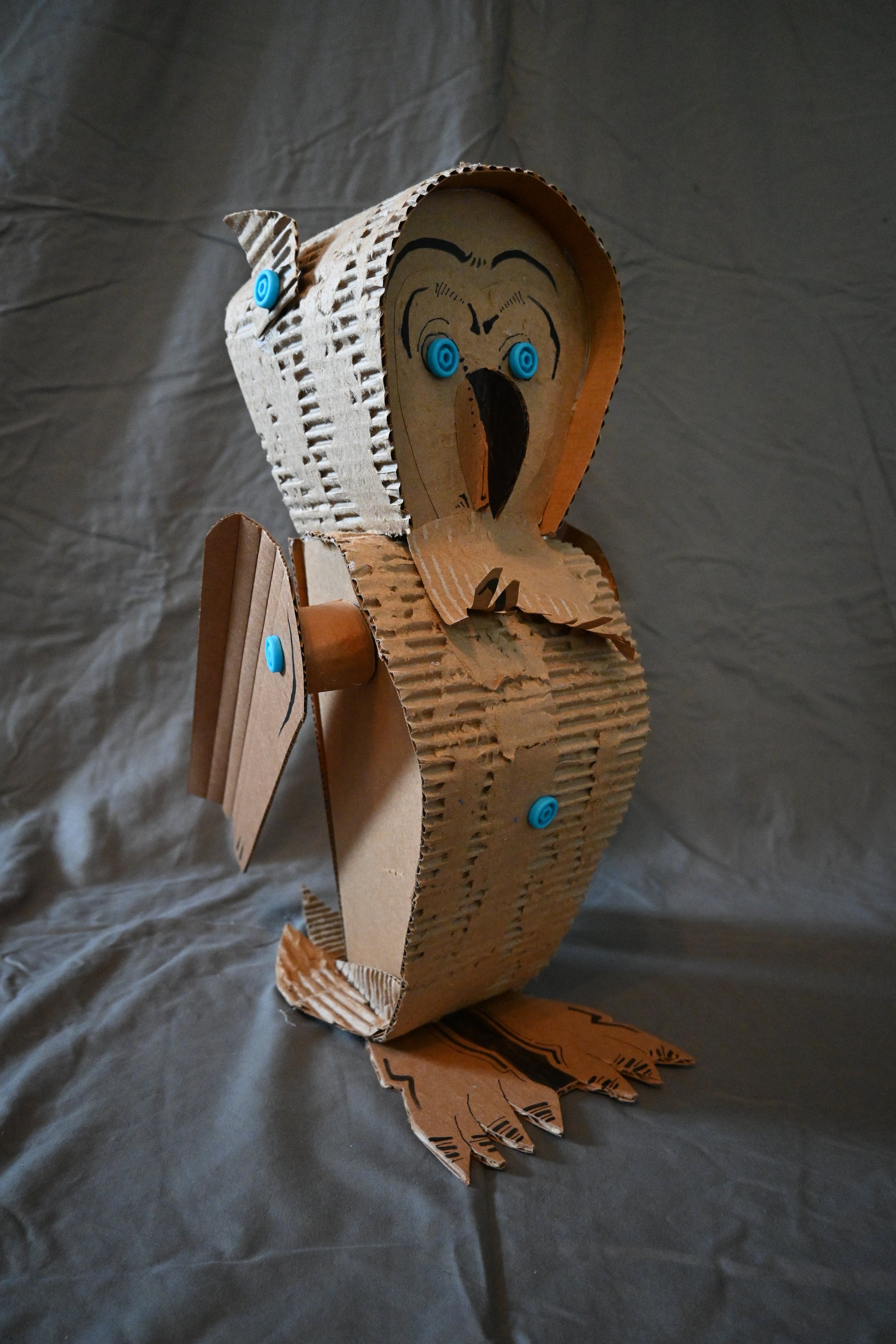 Animal Series Project: Owl (cardboard, "Makedo" fasteners, ink)