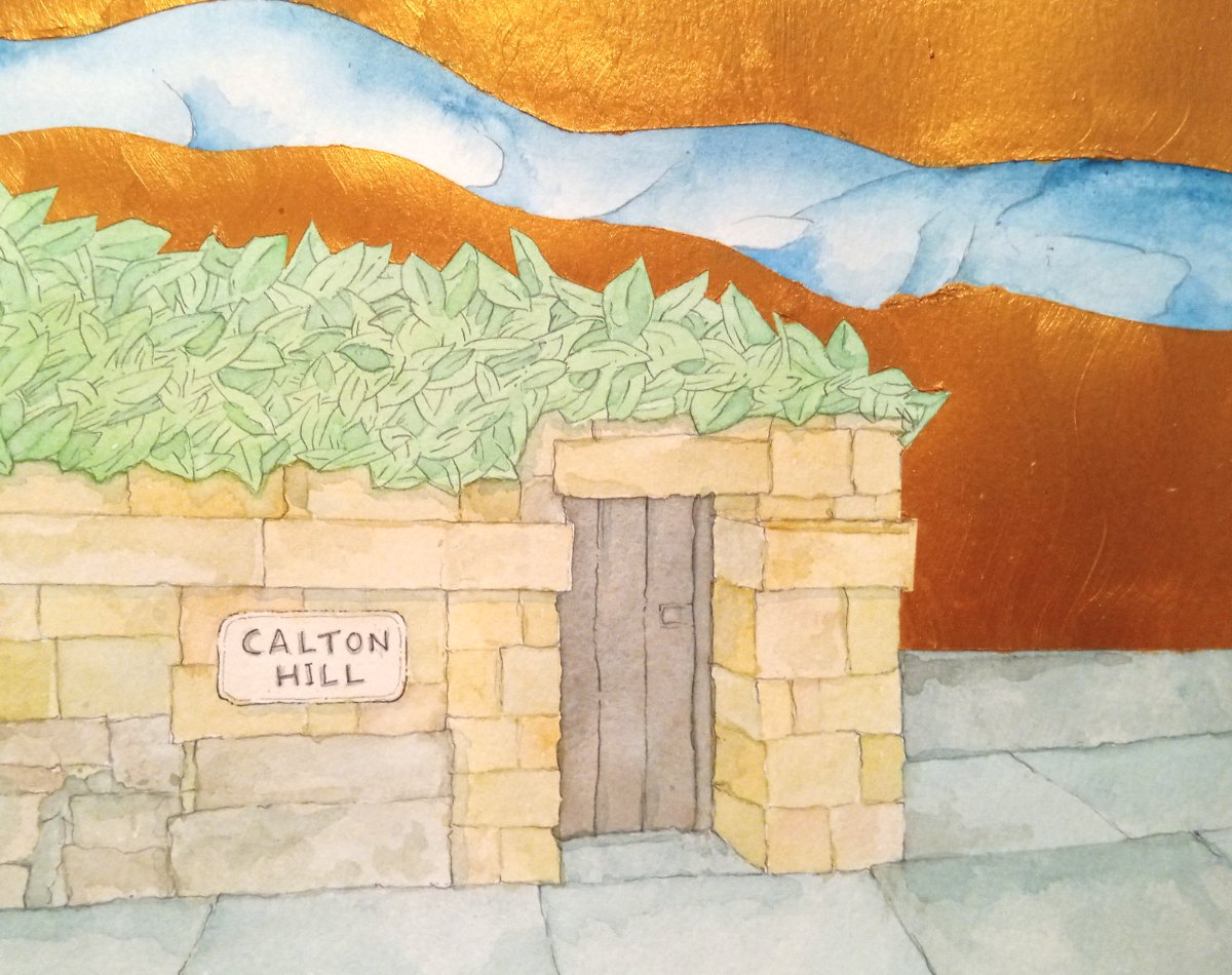 Walking Up Calton Hill, Clouds And Sun, Mysterious Door (watercolour on paper)