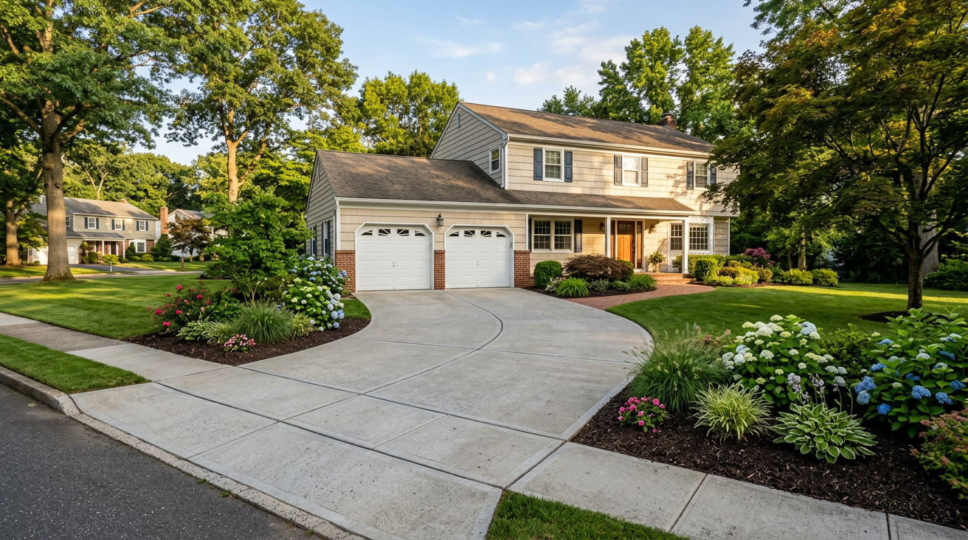 A finished concrete driveway with expansion joints leading to a residential garage.