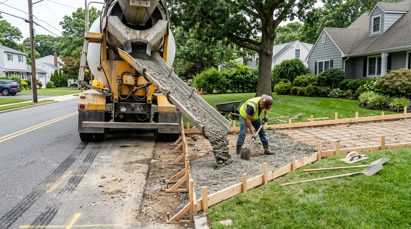 A rebar grid laid over compacted gravel inside a concrete driveway pour area