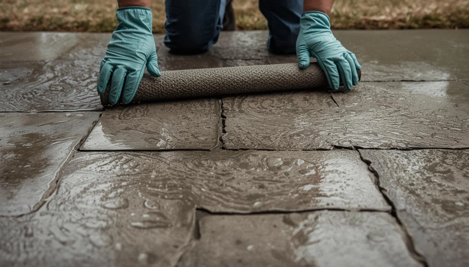 Gloved hands imprinting a rubber stamp mat onto a wet concrete patio surface.
