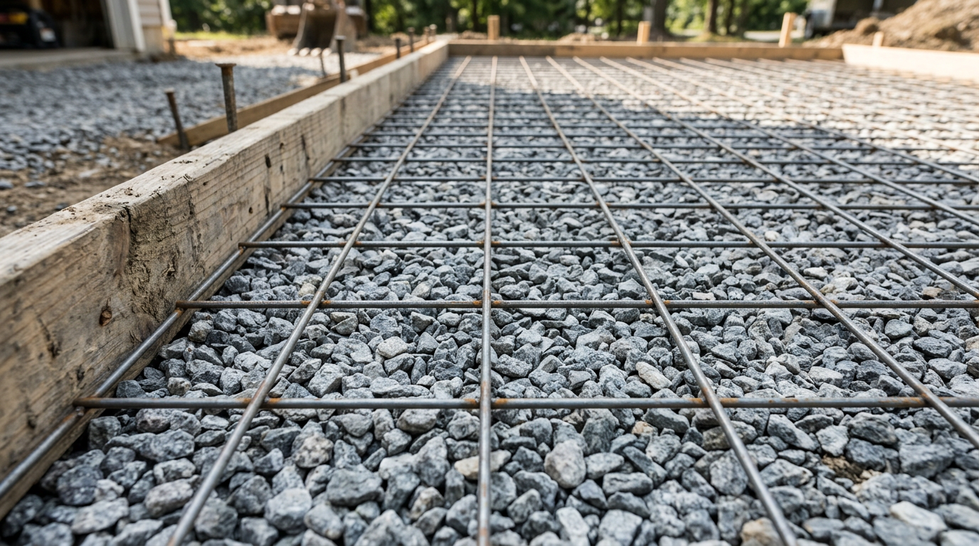 A wire mesh grid laid over compacted gravel inside a concrete driveway pour area