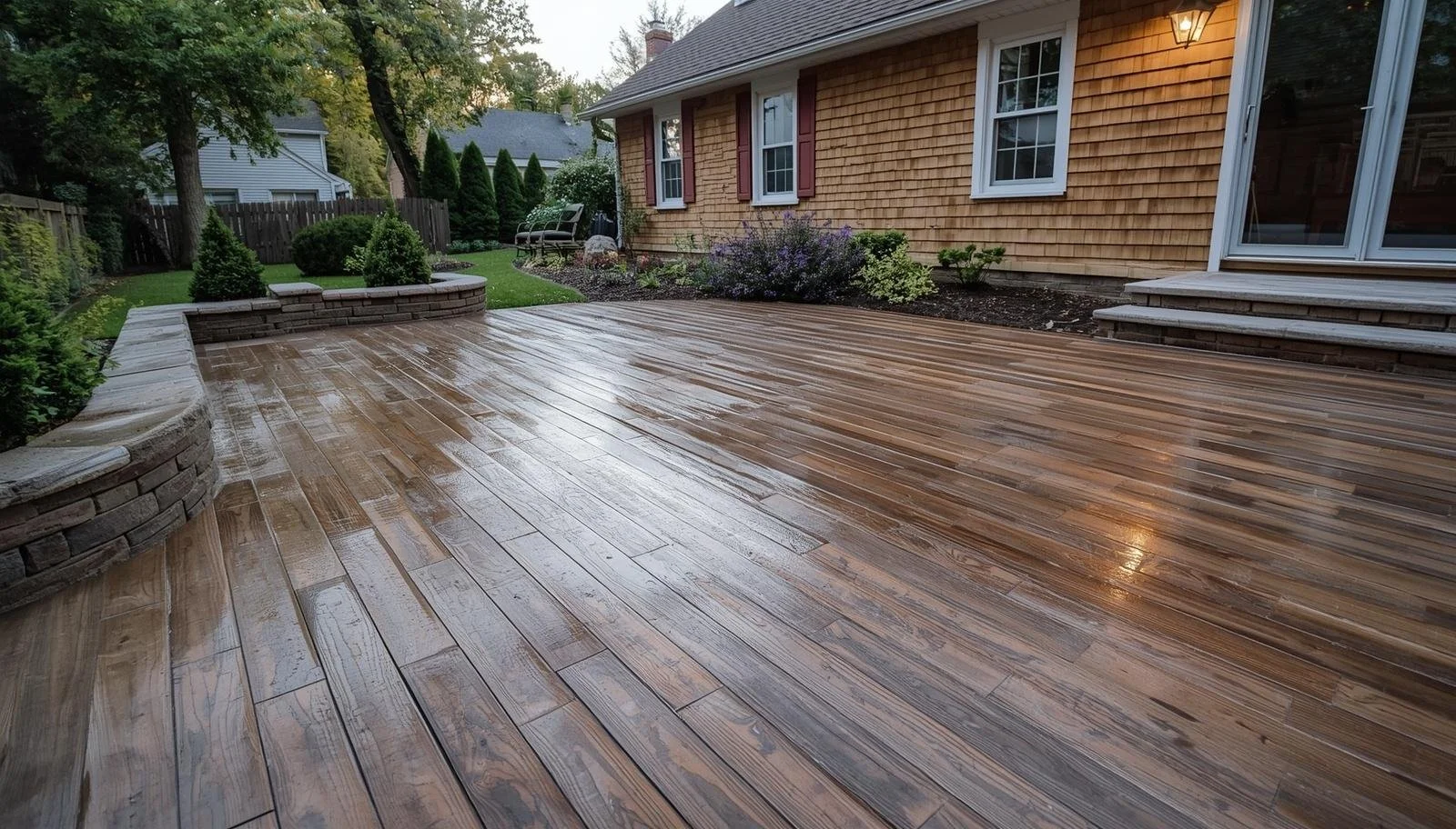 A finished stamped concrete patio with wood plank pattern behind a cedar shingle Long Island home.