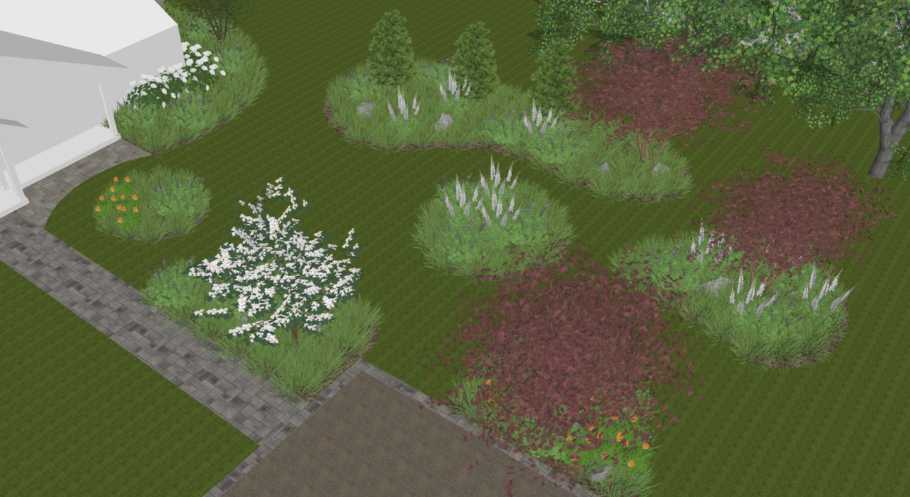 Overhead perspective showing the final garden layout, View 1