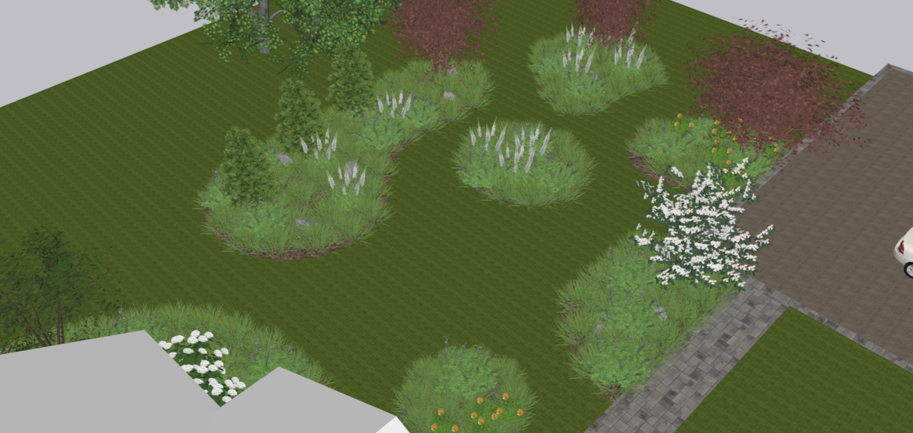 Overhead perspective showing the final garden layout, View 3.