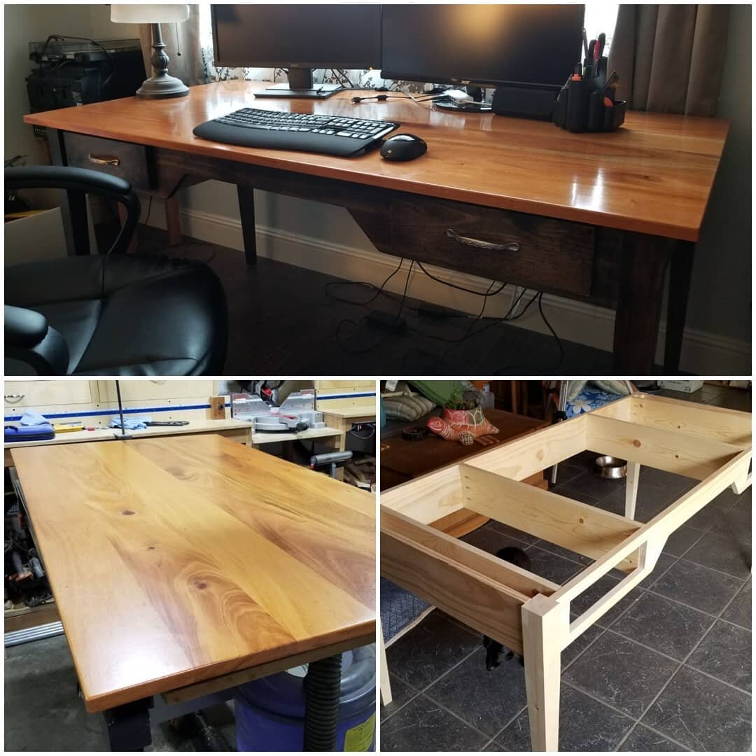 Office desk build.
My lovely wife gets to work from home some days, so she needed an office desk. The desk top is mahogany with no stain and the base is made of pine with a walnut stain. Both are sealed with polyurethane. I'll probably refinish the t
