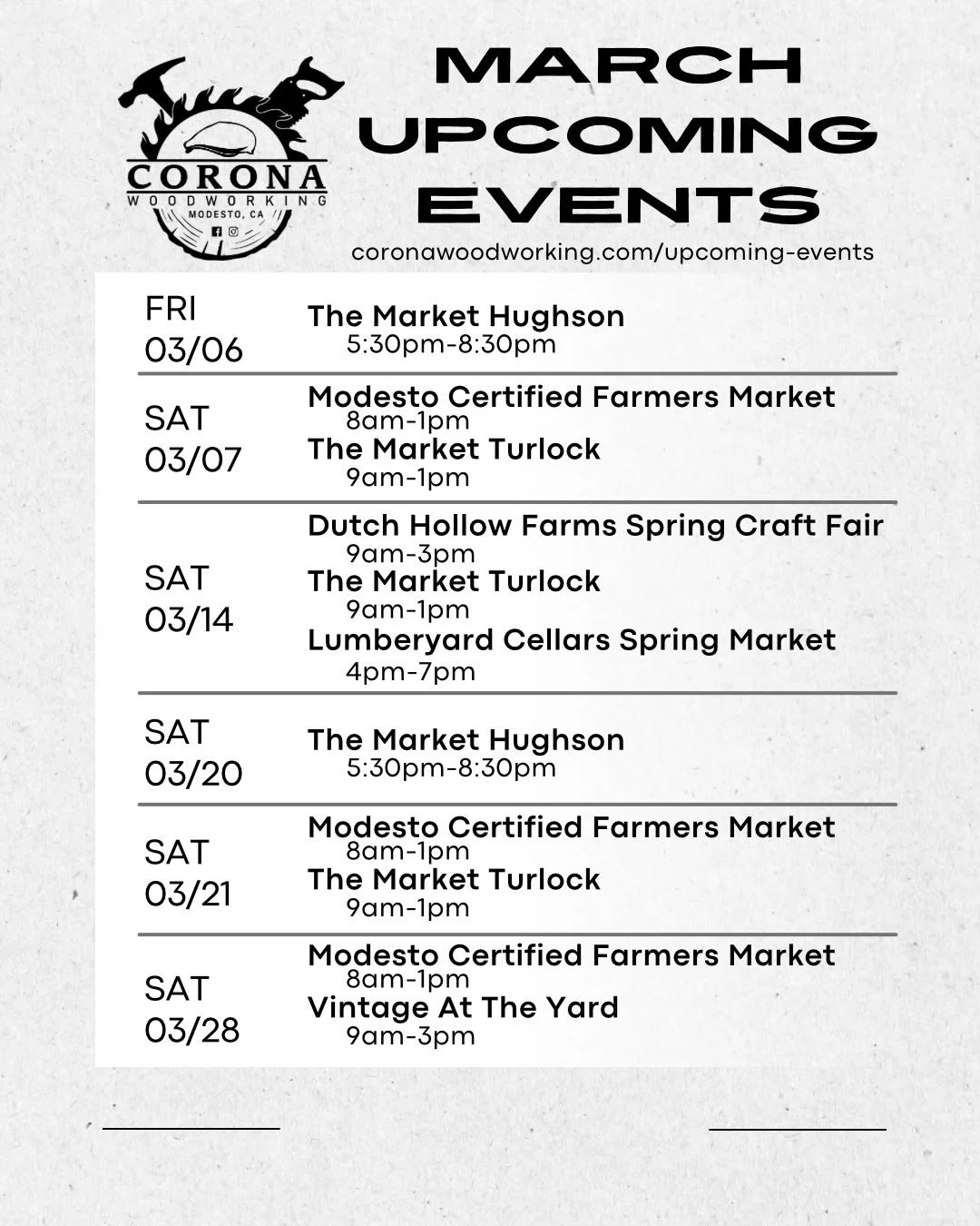 It&rsquo;s March and that means market season is in full swing! We are happy to announce that we will be regulars at a few different markets this year.

03/06
5:30pm-8:30pm The Market Hughson

03/07
8am-1pm Modesto Farmers Market
9am-1pm The Market T
