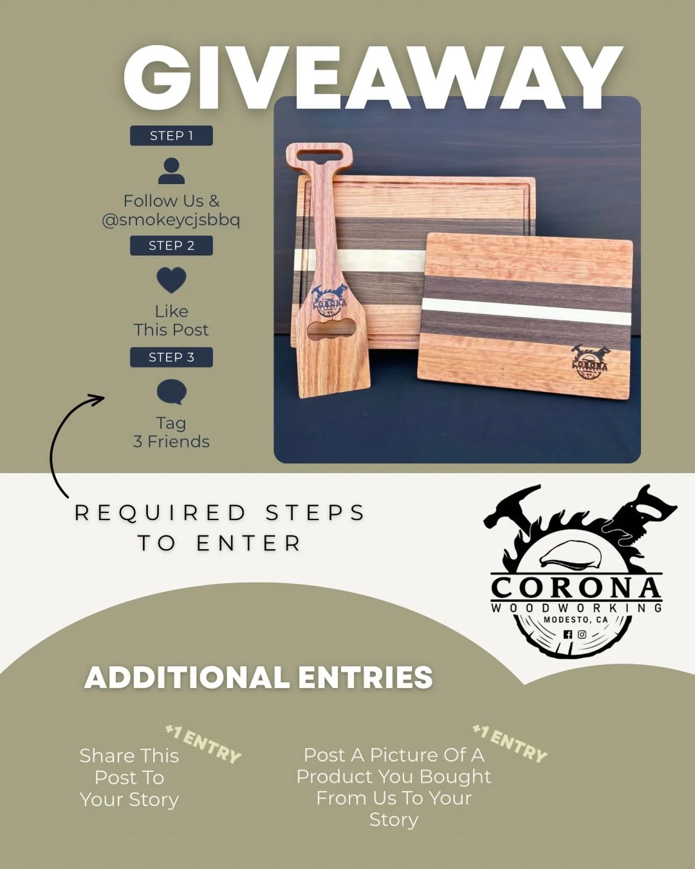We partnered with @smokeycjsbbq to do a Fathers Day giveaway!

Enter our giveaway for a chance to win a Large Board, Medium Board and a Grill Scraper!

HOW TO ENTER (required)

Follow us and @smokeycjsbbq 

Like this post

Tag 3 friends in the commen