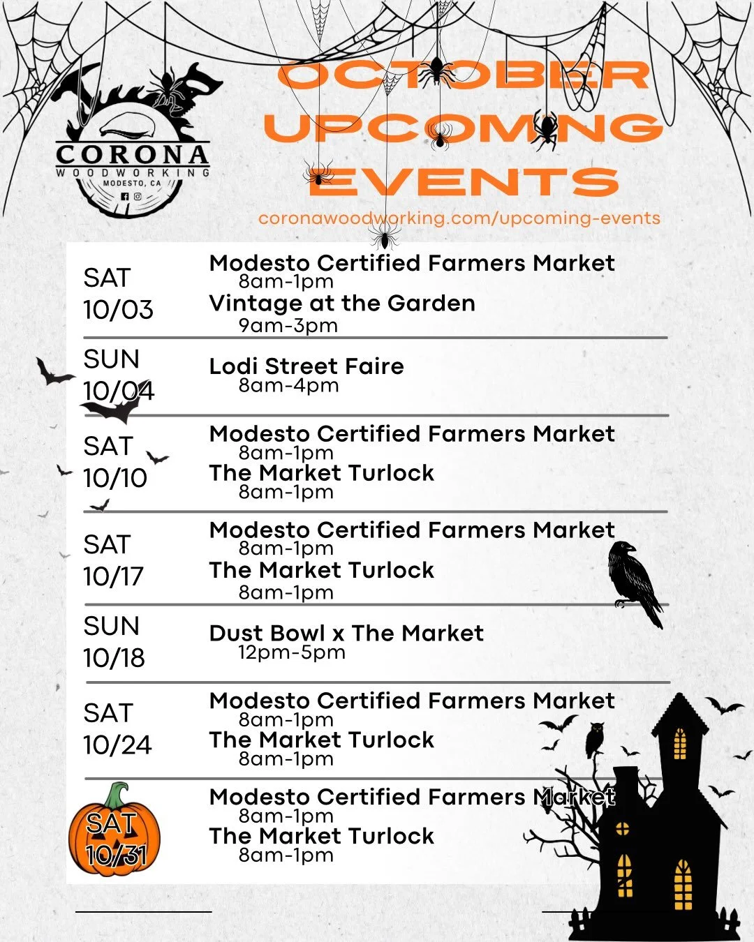 Here is our full schedule for October:

10/03
8am-1pm Modesto Certified Farmers Market
9am-3pm Vintage at the Garden

10/04
8am-4pm Lodi Street Faire

10/10
8am-1pm Modesto Certified Farmers Market
8am-1pm The Market Turlock

10/17
8am-1pm Modesto Ce