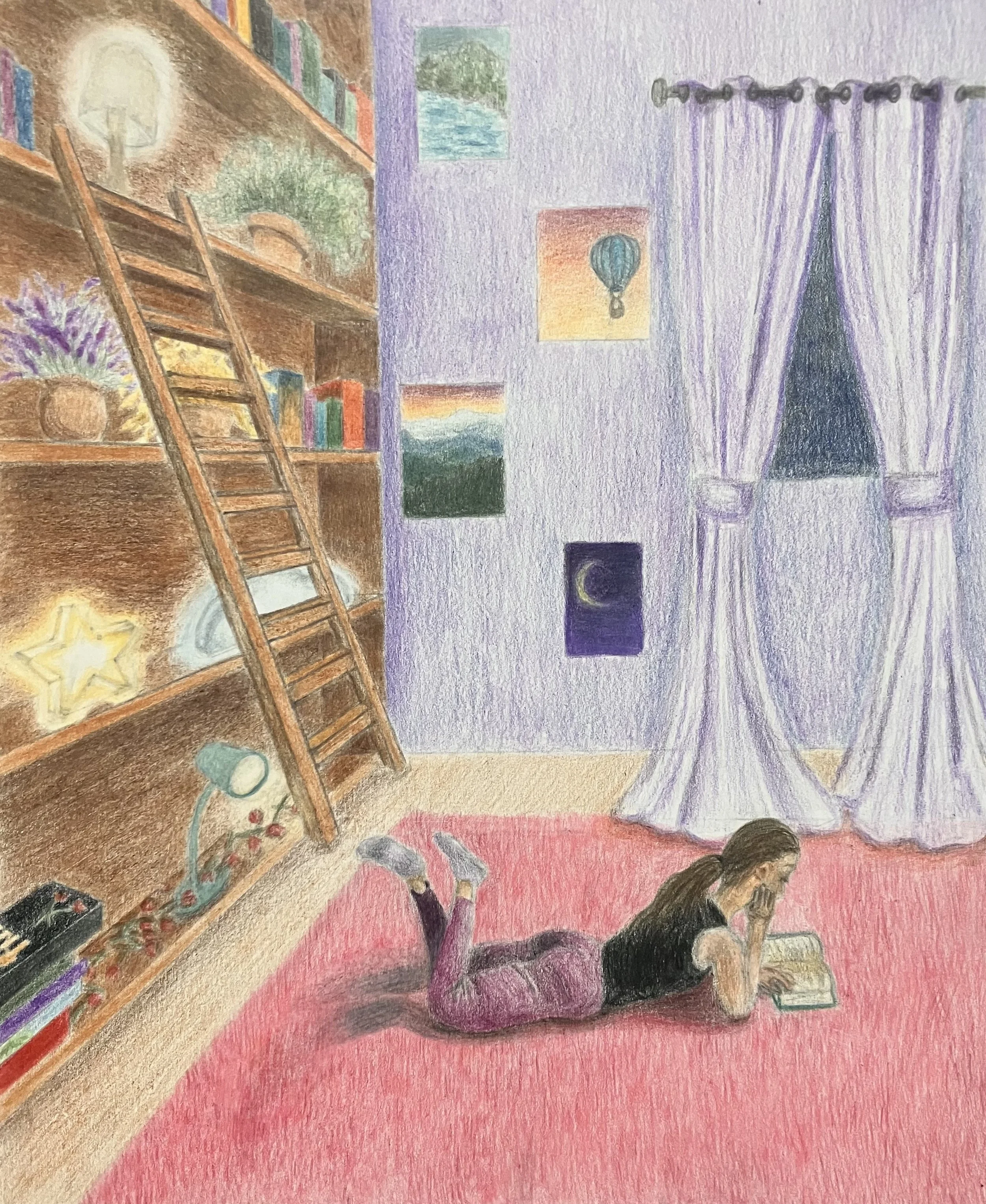 Interior with Figure.
Colored pencil on paper, 2025.
A practice of figure drawing and the relationship between the figure and space, as well as an exploration of how one can create their own “utopia” and safe haven, despite the potential chaos and da
