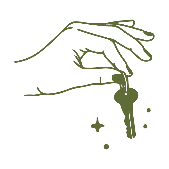 custom illustration of a hand holding a key, with stars and dots surrounding it.