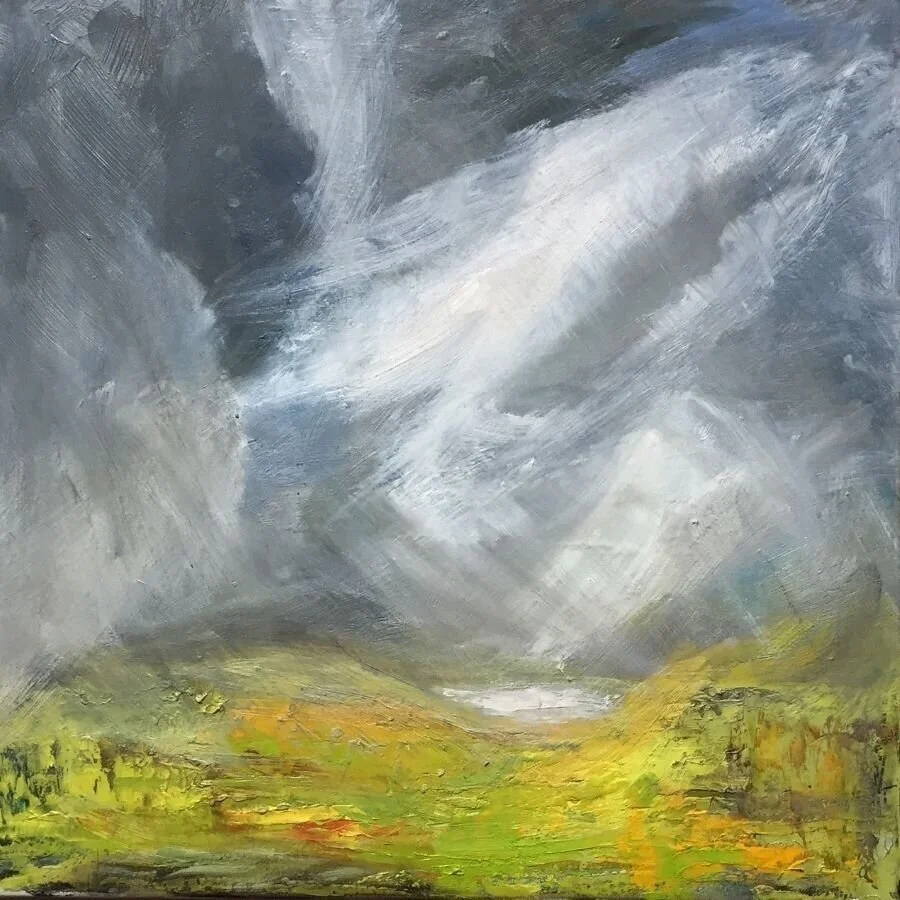 An oil on canvas painting with Spring greens and  a sky clearing after a shower.