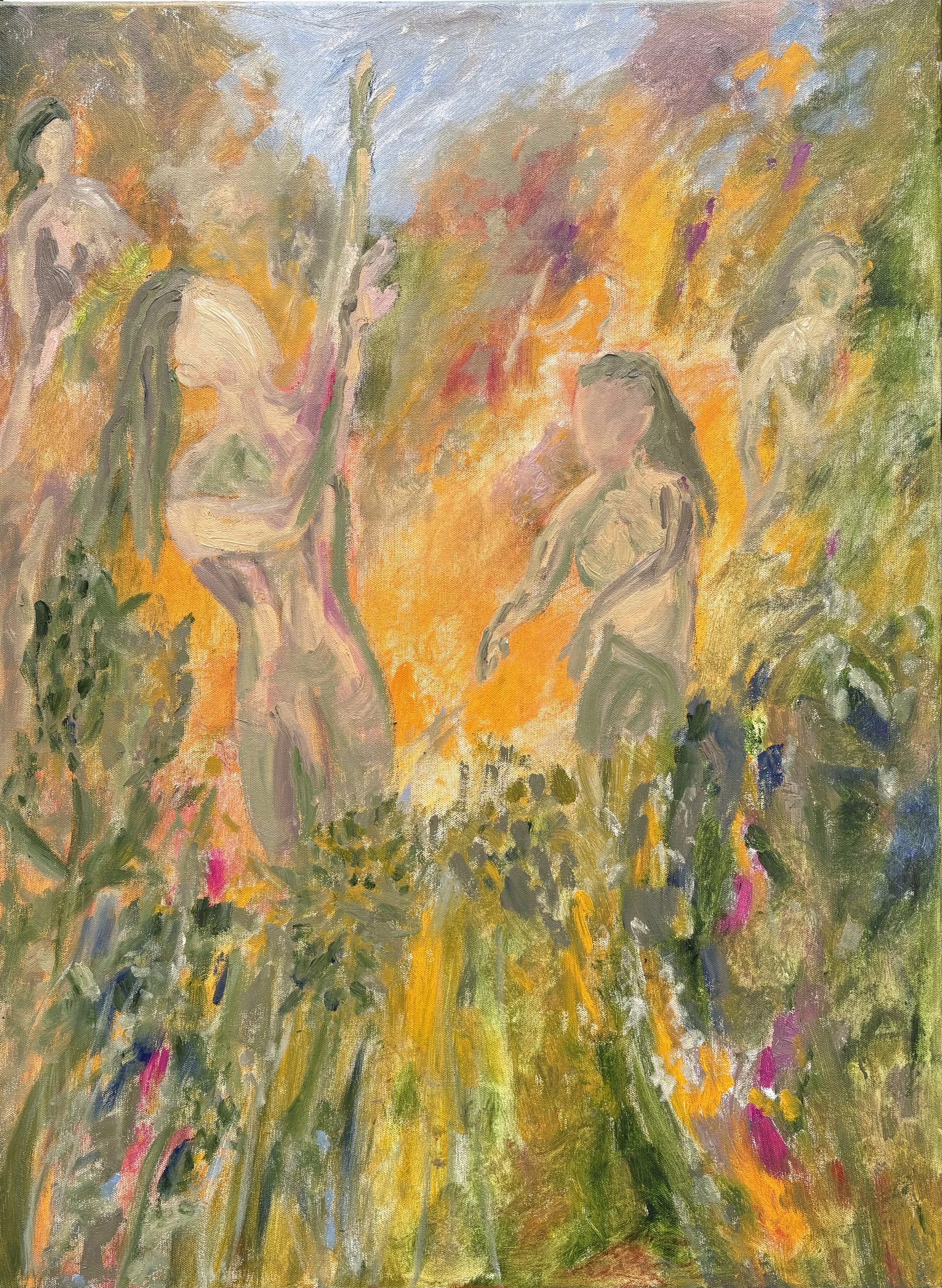 Female figures are moving in a rural scene and the colours of Autumn surround them.
