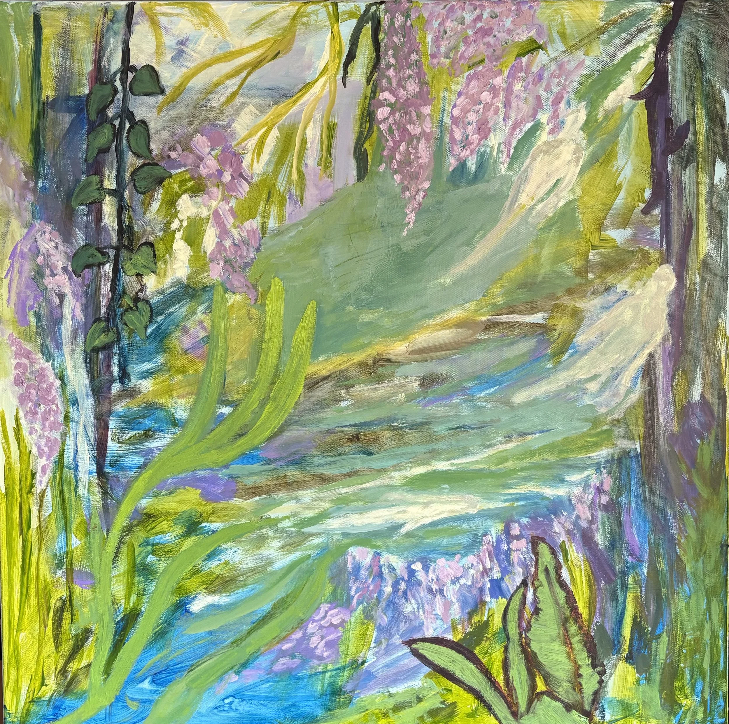A vibrant mystical oil painting with blues, greens and pink