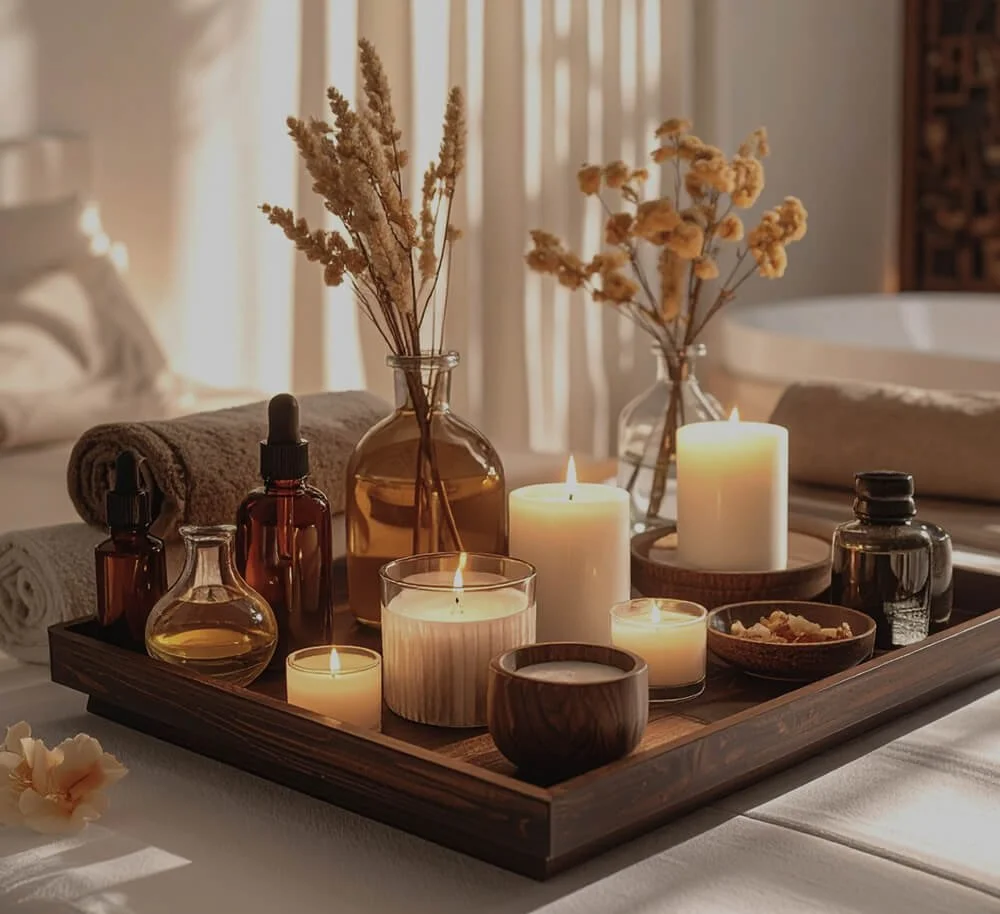 A wooden tray with lit candles, glass bottles, towels, dried flowers, and a small bowl, set on a bed near a bathtub in a cozy, softly lit bathroom.