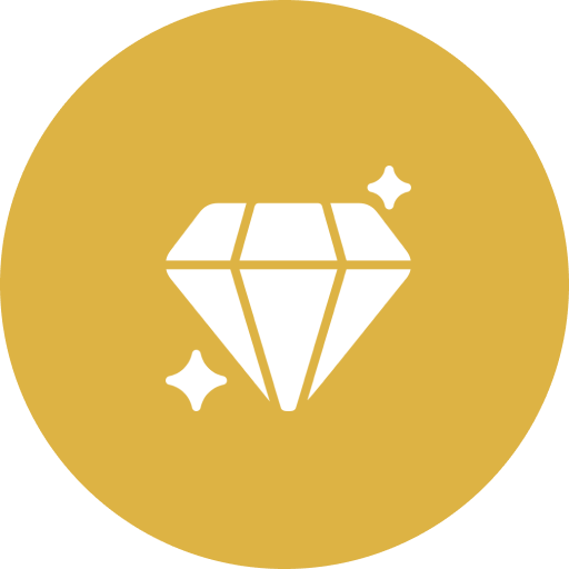 A white diamond icon with sparkles on a gold circular background.