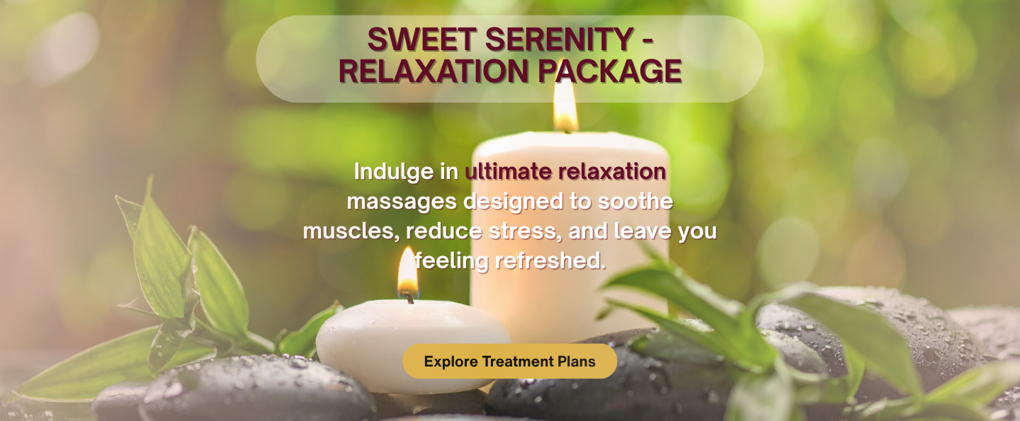A wellness advertisement with lit candles, green leaves, and stones on a spa-like background, promoting relaxation packages.