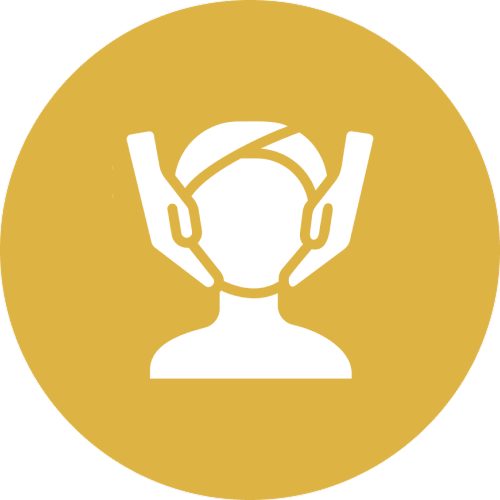 Icon of a person receiving a hairstyle or hair treatment from two hands.
