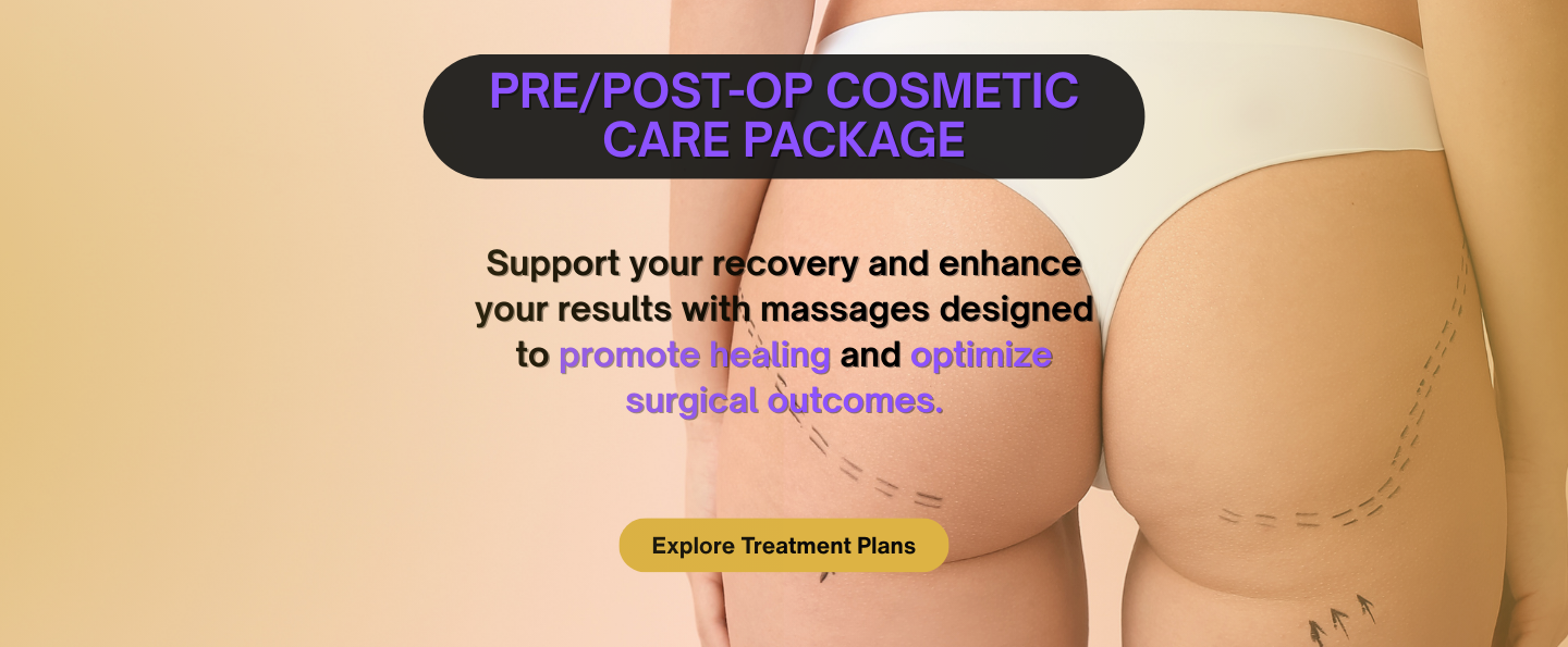 A person in white lingerie with surgical markings on their buttocks and thighs, advertising a pre/post-op cosmetic care package.