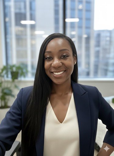 Simone, Owner and Master Massage Therapist, smiling in a navy blazer in a bright office with large windows and city view.