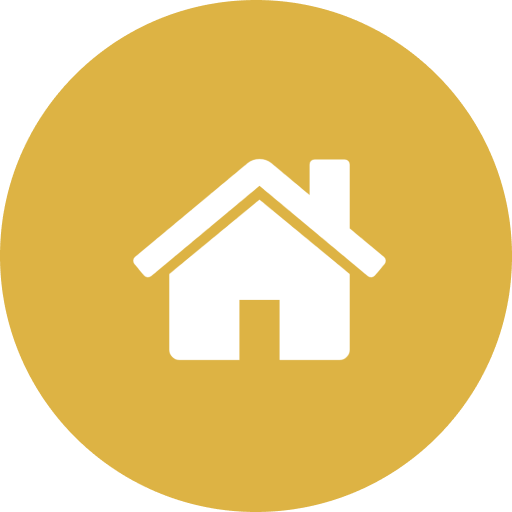 Icon of a house on a gold circular background.