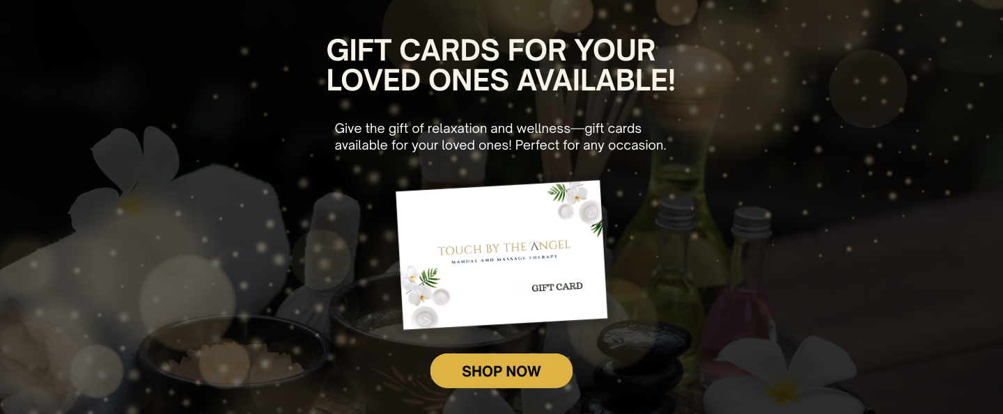 A promotional webpage for gift cards featuring herbal oils, stones, essential oils, and white flowers on a dark background with sparkles, and a gift card with the text 'Touch by the Angel.'