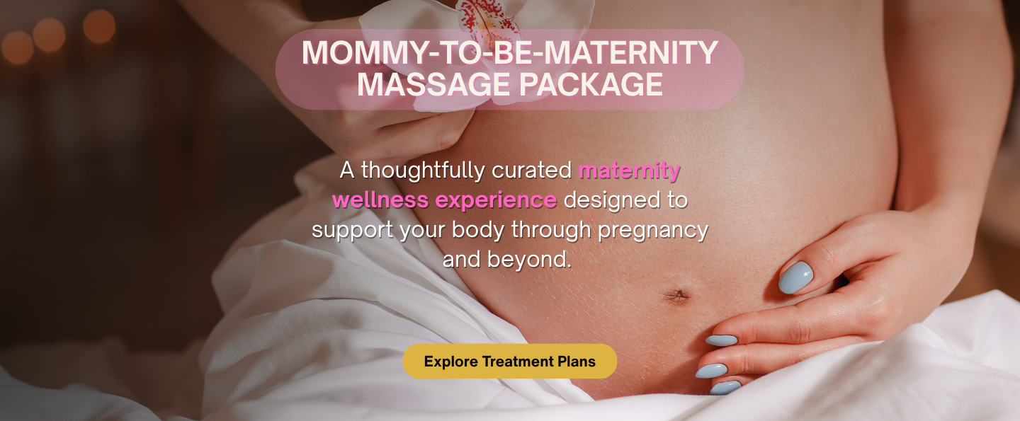 Close-up of a pregnant woman holding her belly, promoting a maternity massage package.