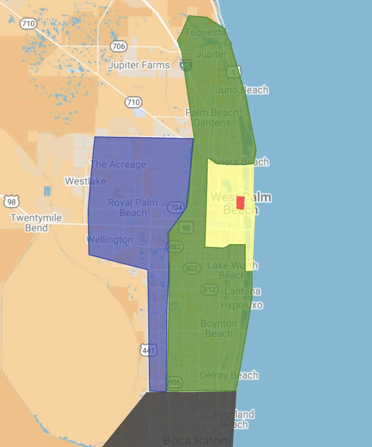 Map of Palm Beach County, Florida, showing different zones in green, blue, yellow, red, and black.