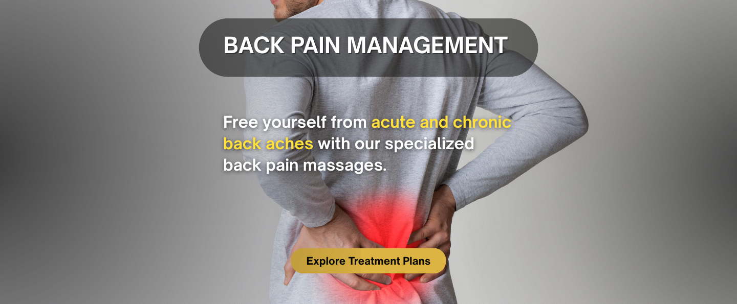 A man in a gray sweatshirt holding his lower back with pain highlighted in red, promoting back pain management treatments.