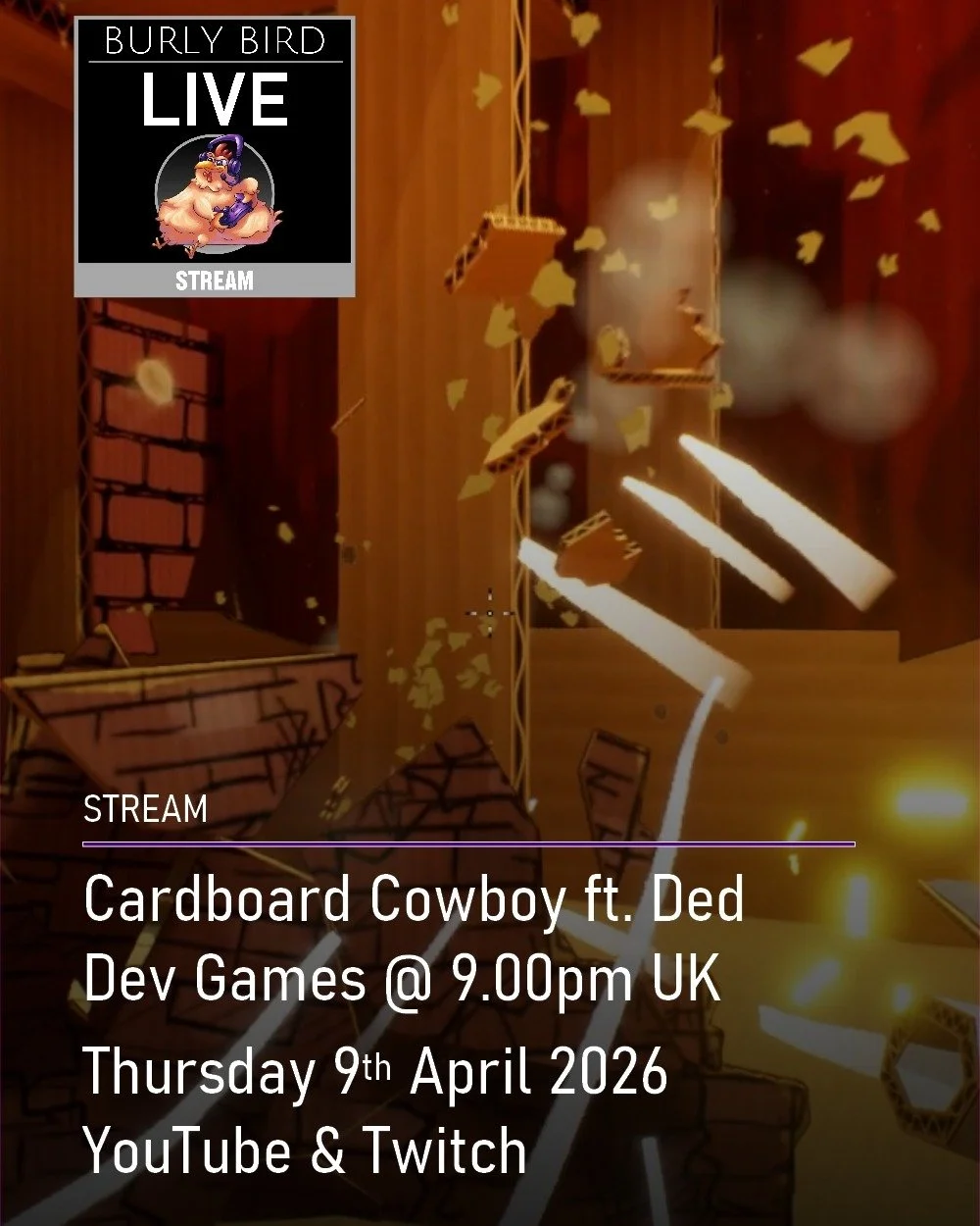 Going live in just under 30 mins!

YouTube and Twitch. Links in Bio.

#cardboardcowboy #burlybirdmedia
