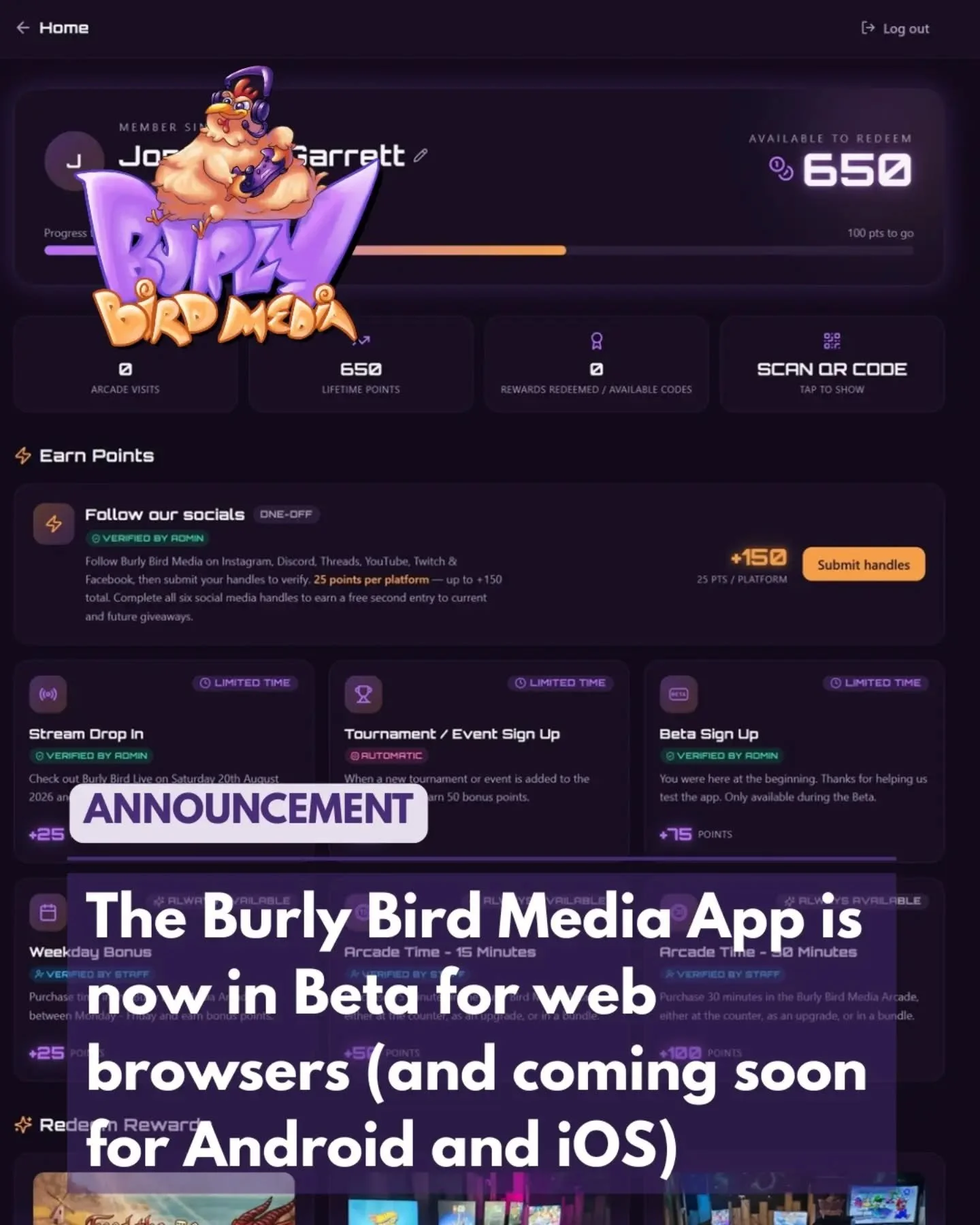 Announcement: the Burly Bird Media app. Earn points and exchange for rewards. Enter giveaways for the chance to win games and tech. Access written and video content about the things you love. Engage with the community and share your passion.

Availab