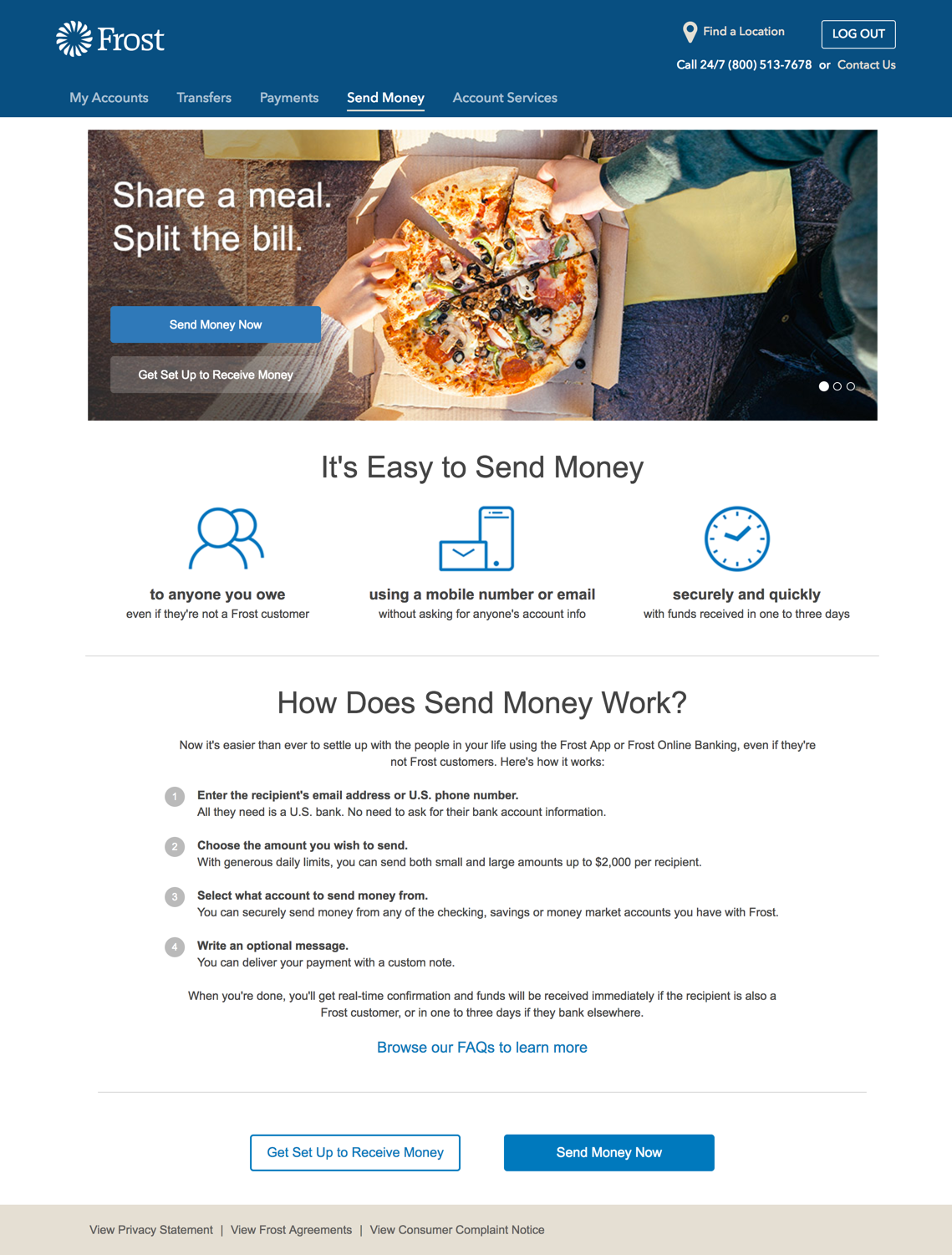 Above: Initial Landing Page for a member that had not signed up for Send Money.  We needed to explain what this was, and present it in a way that was inviting and easy to understand.