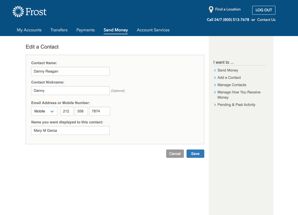 Above: As part of the initial set up for Send Money, we needed a simple way for members to edit their contacts.