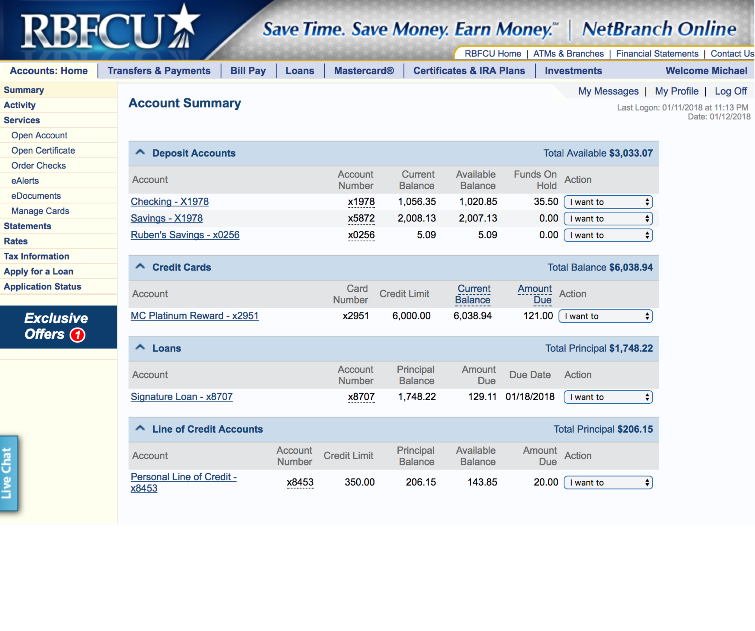Above: This is a snapshot of the RBFCU Account Summary page before we started work.  This had been the same design for over 12 years.