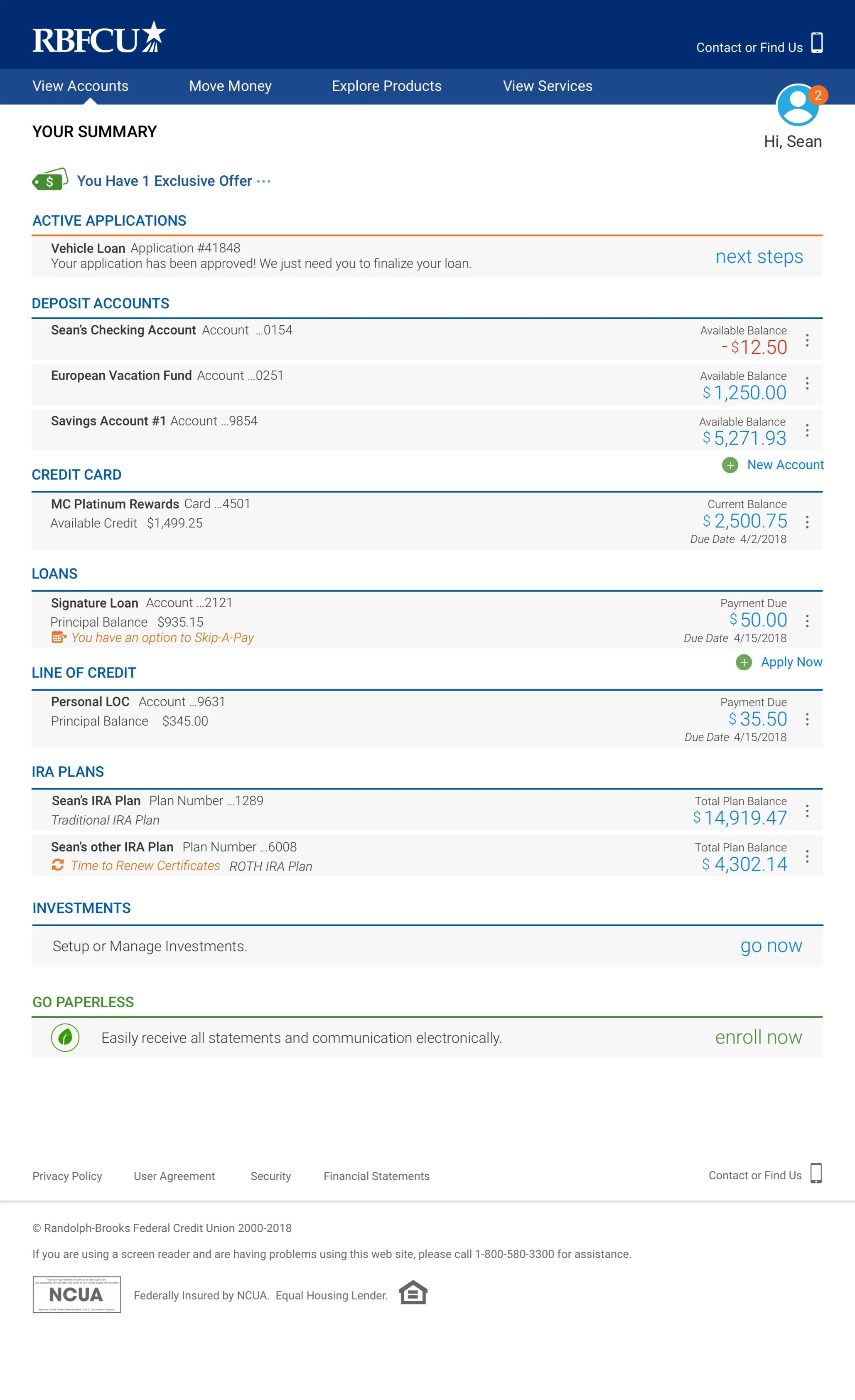 Above: This is the redesigned RBFCU Account Summary page.