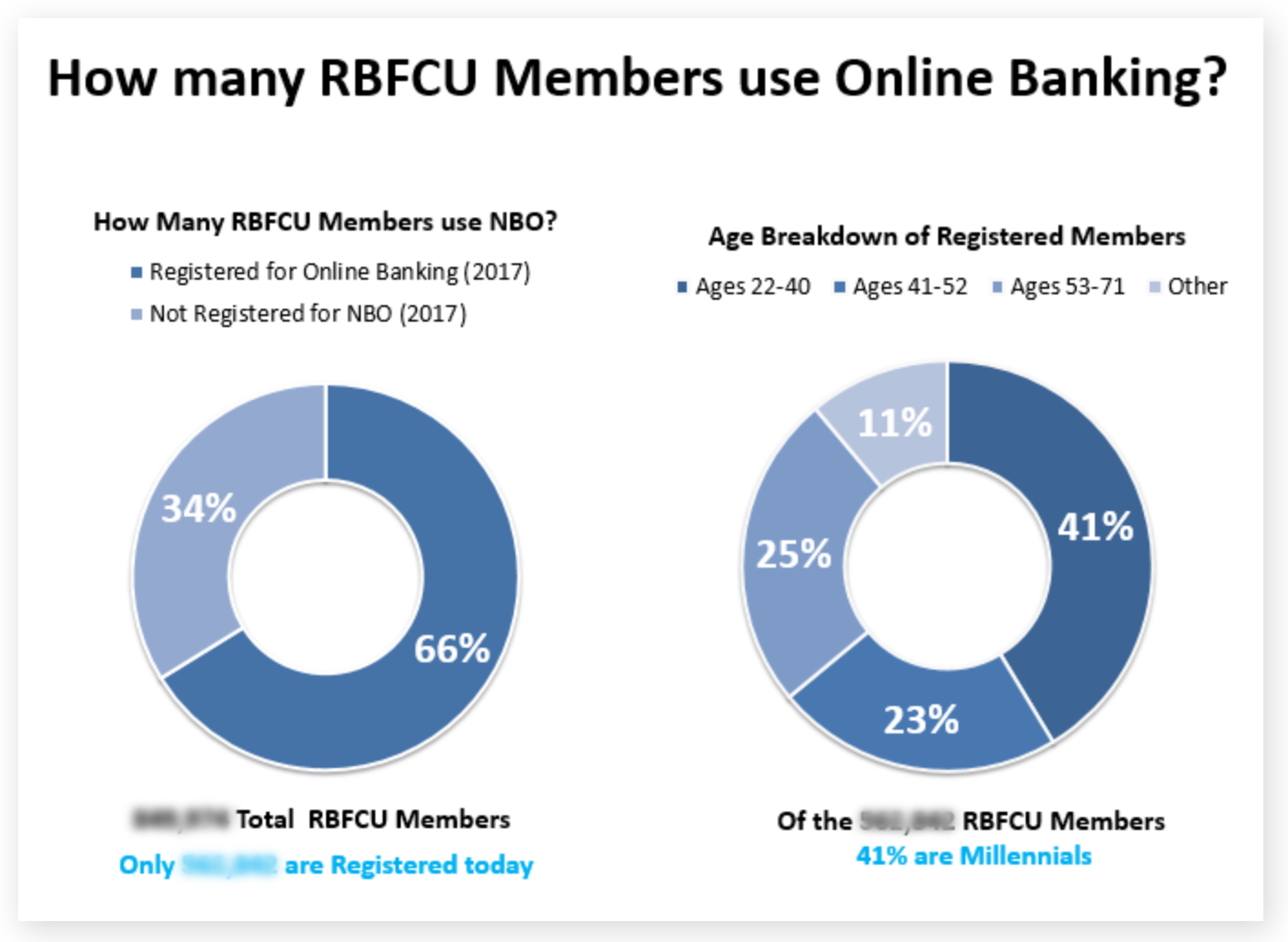Above: Baselining who is visiting the RBFCU web site was essential. I broke down the online activity of membership by demographic.  This helped communicate to stakeholders many of the design choices as we proceeded in our efforts.