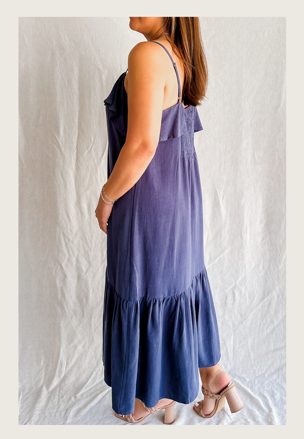chinese dress ladies Sleeveless Iris Dress in Navy Linen Stripe