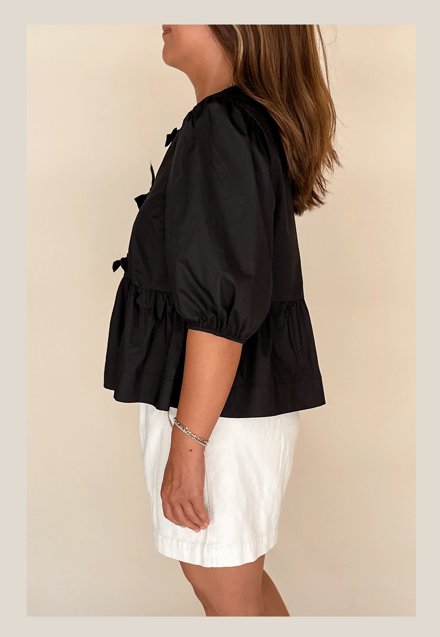 peplum, tie front, front tie, puff sleeve, black, white, bow detail, blouse, top, east annex