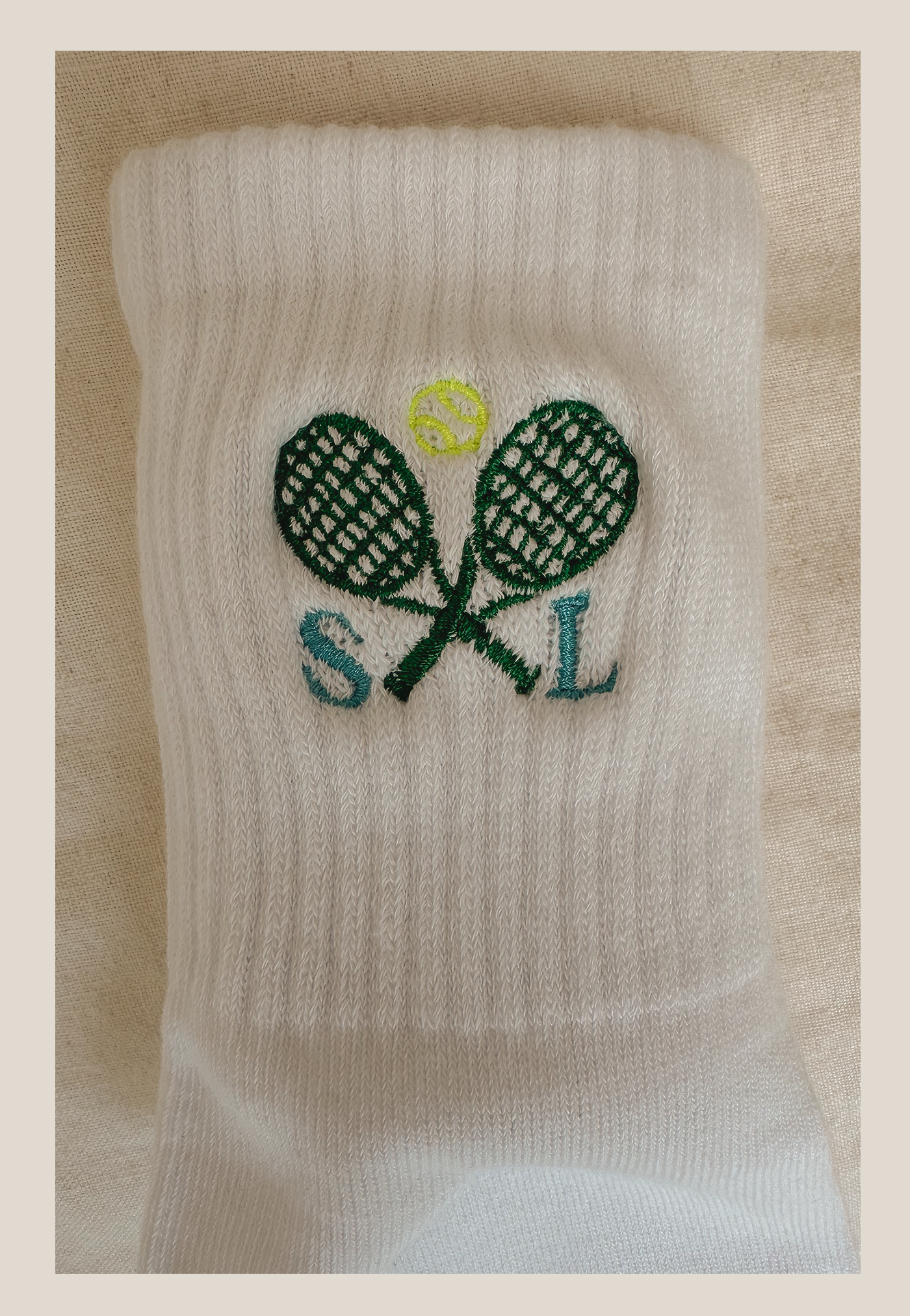 custom, embroidered, socks, crew socks, monogram, initials, tennis, emojis